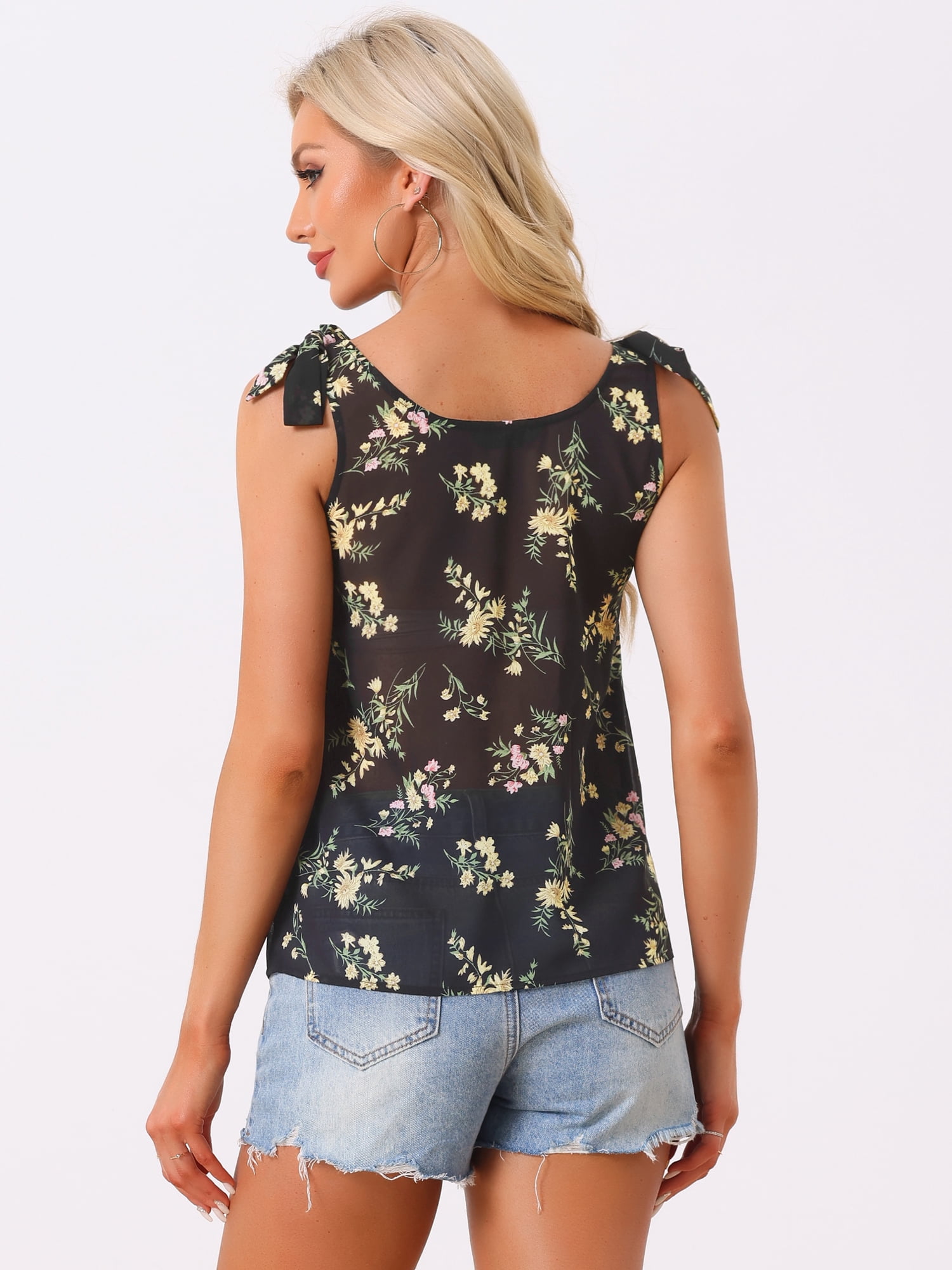 DARING DIVA Women's Floral Sleeveless Bow Tie Straps Boho Peasant Tank Top L Blacks