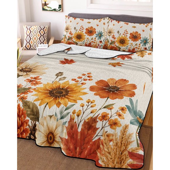 Full Quilt Bedding Set Autumn Maple Leaves Orange Flower Summer Quilt Lightweight Quilted Coverlet with 2 Pillow Shams, Retro Linen 3-Piece Bedspread Quilt Set for All Season