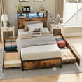 thumbnail image 3 of Zimtown Twin Bed Frame with 2-Tier Storage Headboard, Metal Platform Bed Frame with 4 Storage Drawers, Built in Charging Station & LED, Vintage Brown, 3 of 10