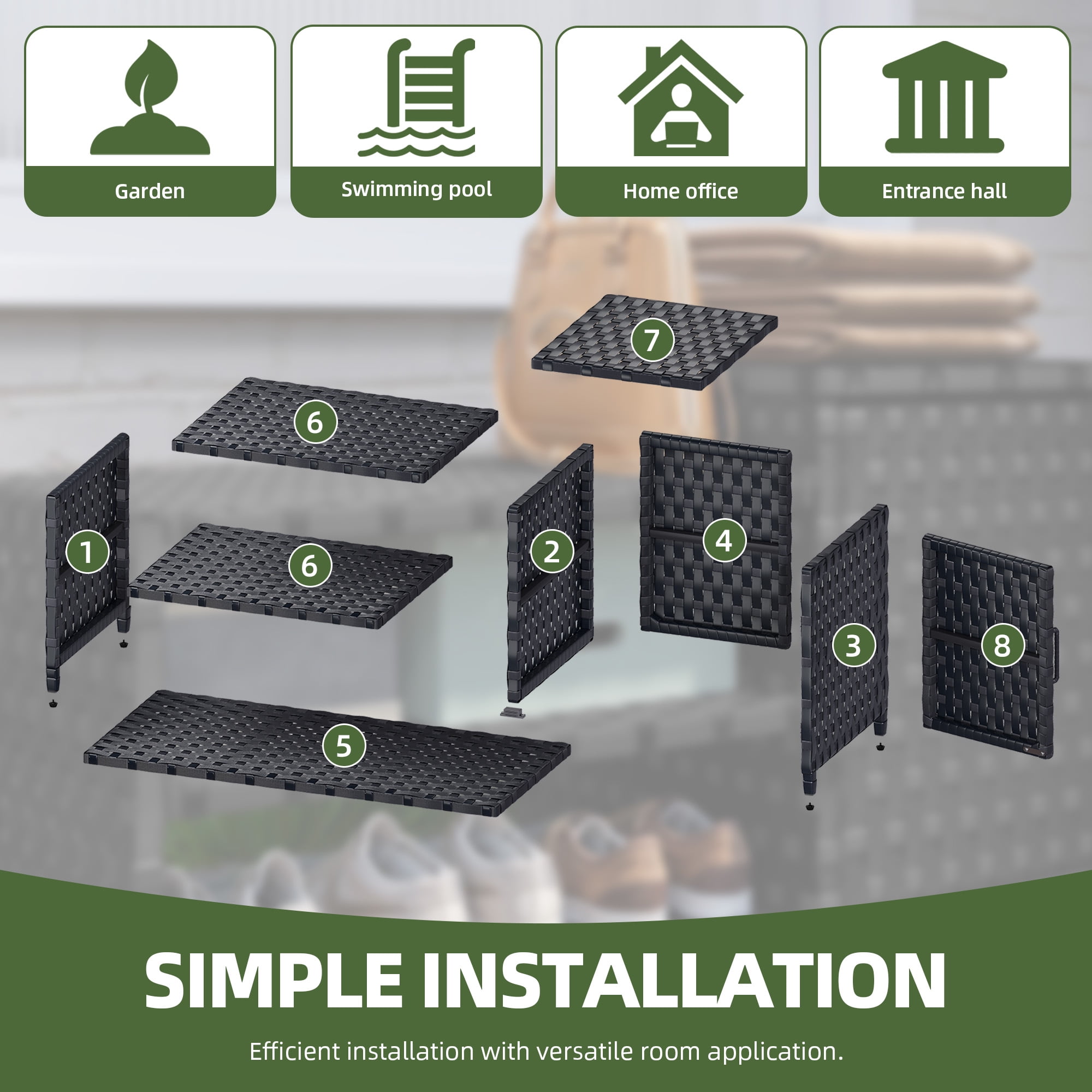 Uforic Woven Outdoor Pool Storage, Shoe Cabinet with Bench, Multi-Layer Storage - Durable PE Rattan Storage for Garden, Poolside, or Patio (Black)