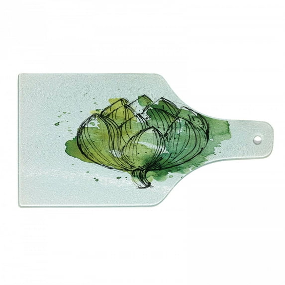 Artichoke Cutting Board, Abstract Style Cardunculus Drawn by Hand Harvest Vivid Color, Decorative Tempered Glass Cutting and Serving Board, Wine Bottle Shape, Hunter Green Lime Green, by Ambesonne