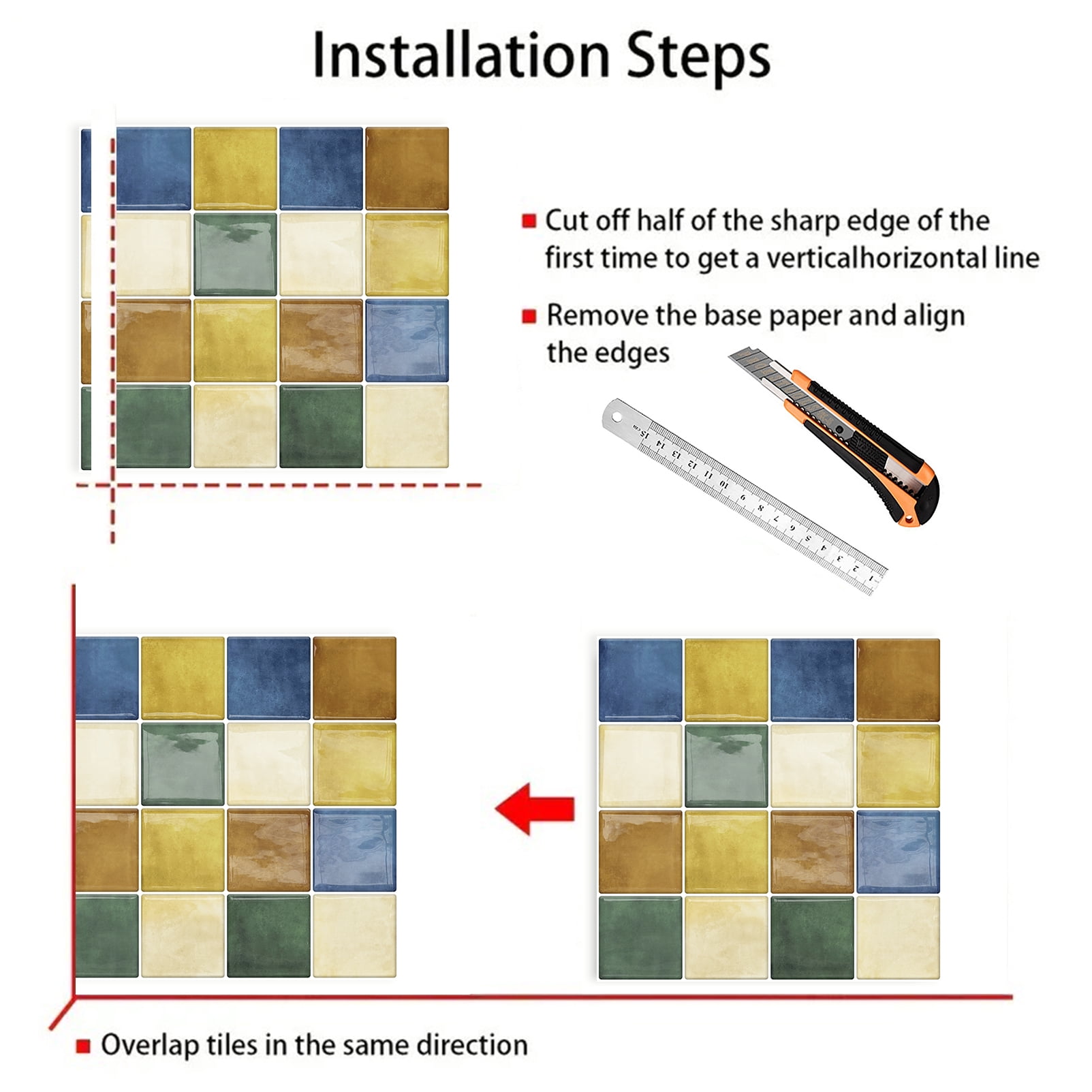 DEWOO Thick Square Kitchen Peel and Stick Backsplash Mosaic Tiles Square Self Adhesive Wall Tile Checkerboard Checkered Stickers,Multicolor (10-Sheet,12"x12")