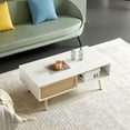 thumbnail image 2 of 2-Tier Coffee Table, 41" Modern Accent Table with Rattan Sliding Door, Adjustable Feet, Open Storage, Wood Center Table for Living Room, Bedroom, 2 of 9
