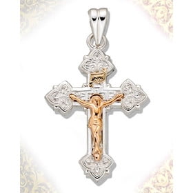 Two Tone Crucifix Sterling Silver Cross & 14KT Gold Accent 1 1/4"x3/4"