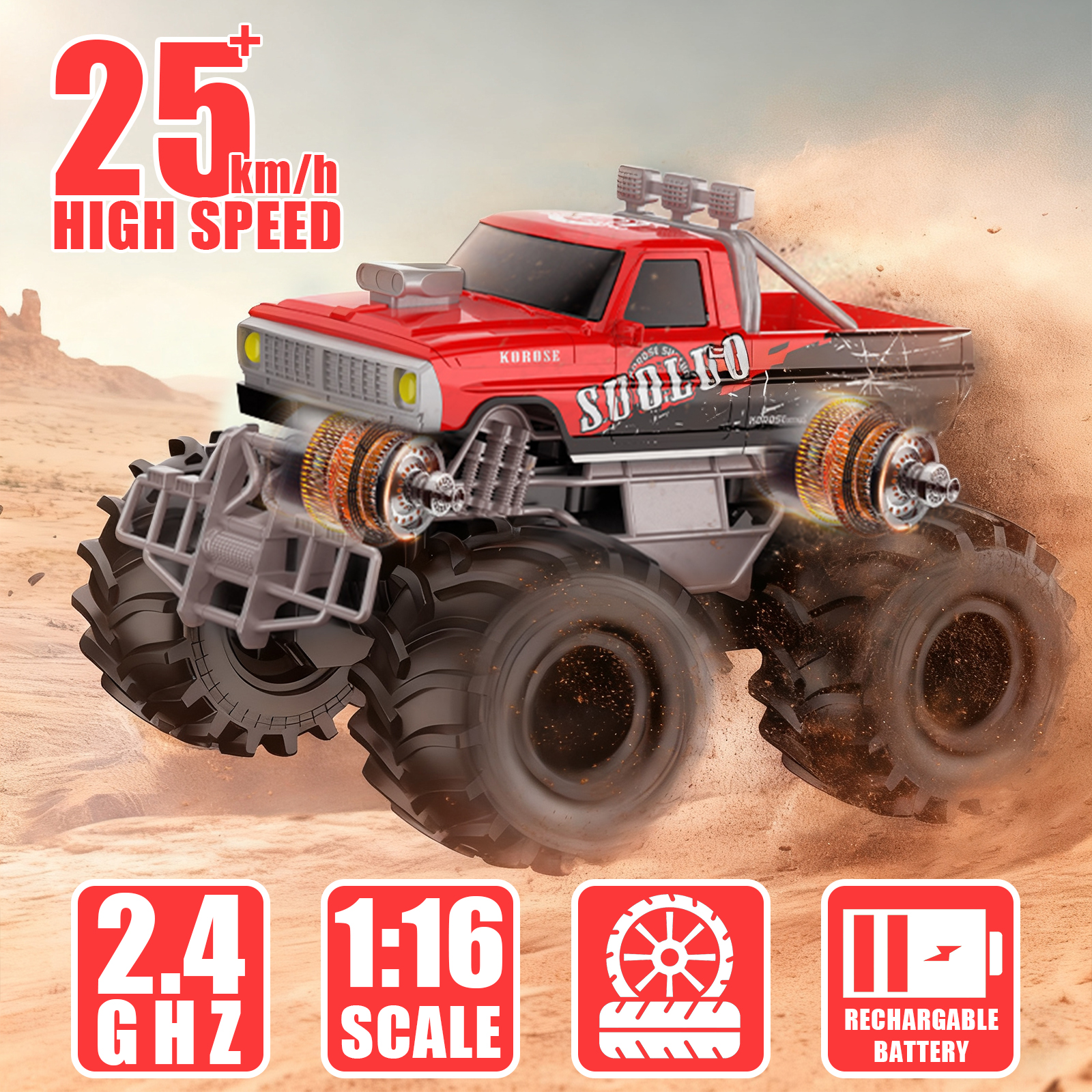 VKFVKF 1:16 Remote Control Car, RC Monster Truck Toys, RC Car for Kids, Kids RC Vehicle for Boys & Two Battery