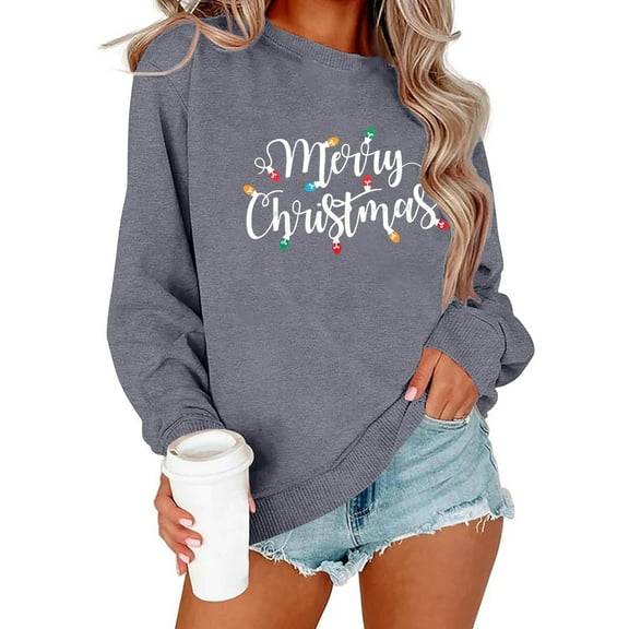 GUZOM Womens Gray Christmas Sweatshirt - Crew Neck Long Sleeve, 100% Polyester Loose Fit for Fall Winter Holiday & Daily Casual Wear (XS-XL),Size M