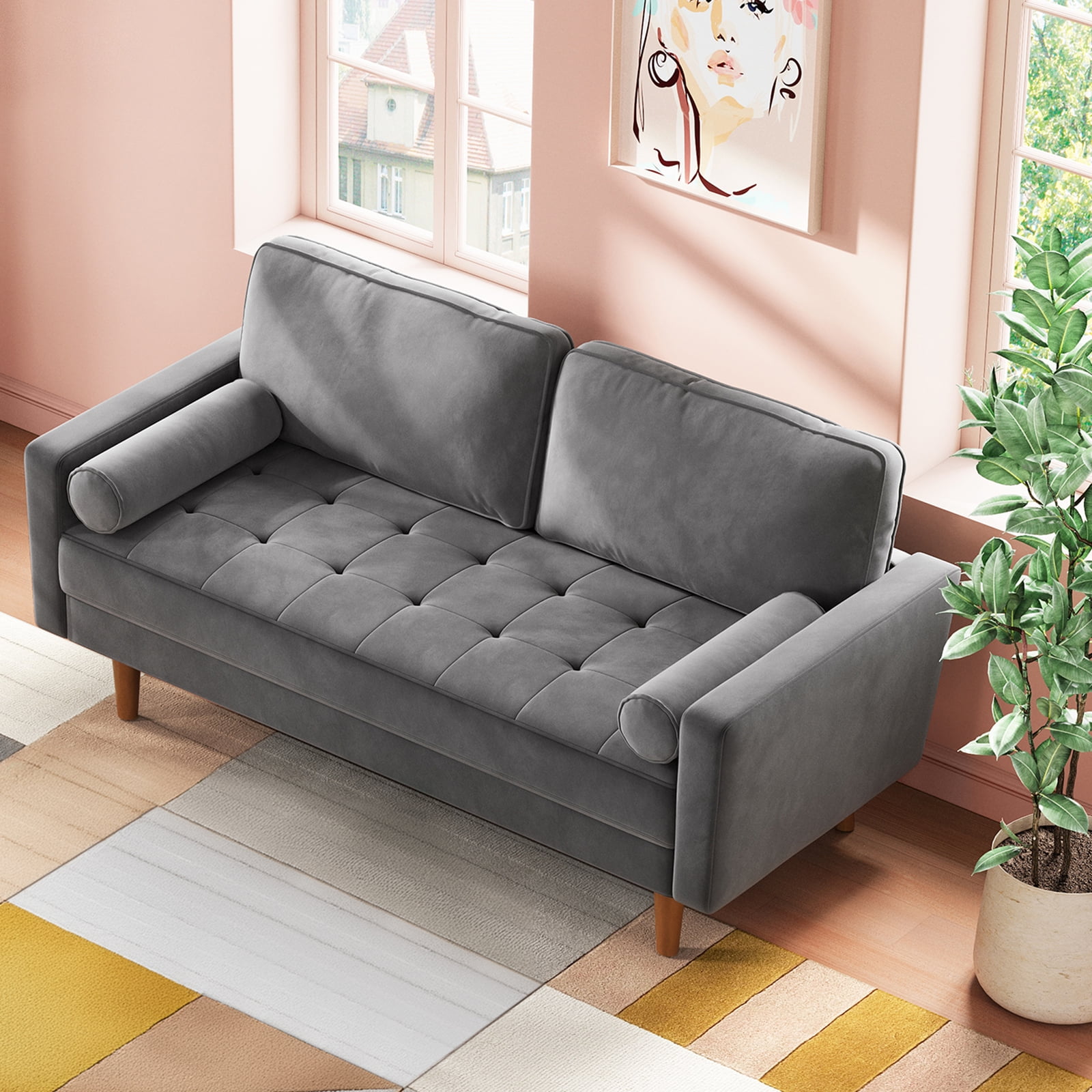 Neche 59" Velvet Spring Sofa Couch for Living Room, Office, Small Space, Solid Wood Leg, One Box, Gray