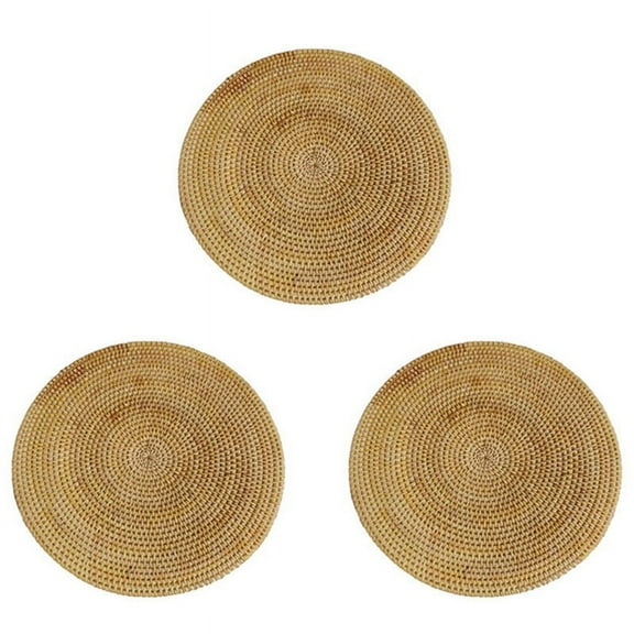 3X Handwoven Rattan Placemats,Round Wicker Table Mats, Natural Woven Placemats for Dinner Table,Heat Mats