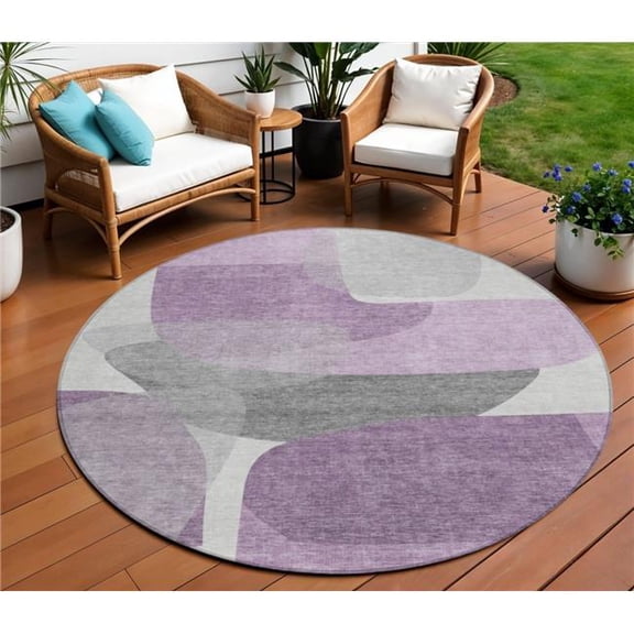 HomeRoots 632181 8 ft. Purple & Gray Round Abstract Washable Indoor & Outdoor Area Rug