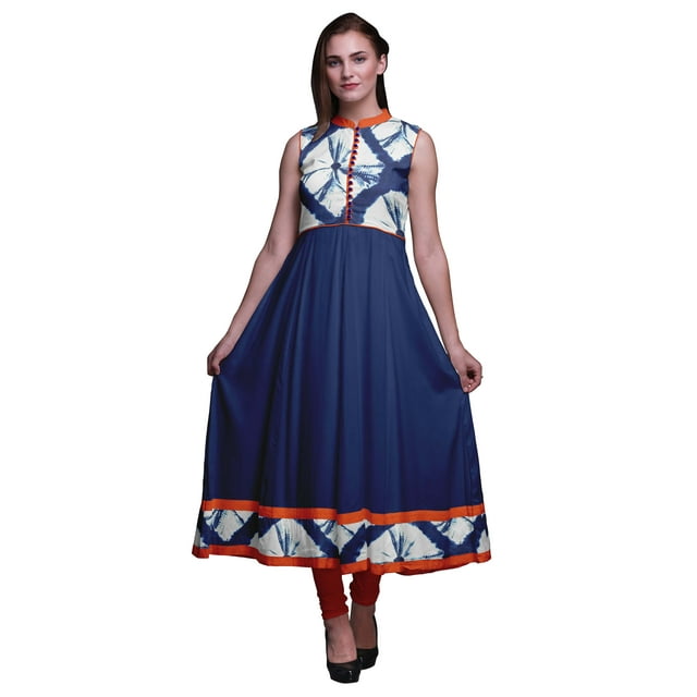 Bimba Kurti Indienne Shibori Bleu Indigo pour Femmes, Anarkali Prête à Porter Unie, Robe Imprimée Kurti Indienne Petite