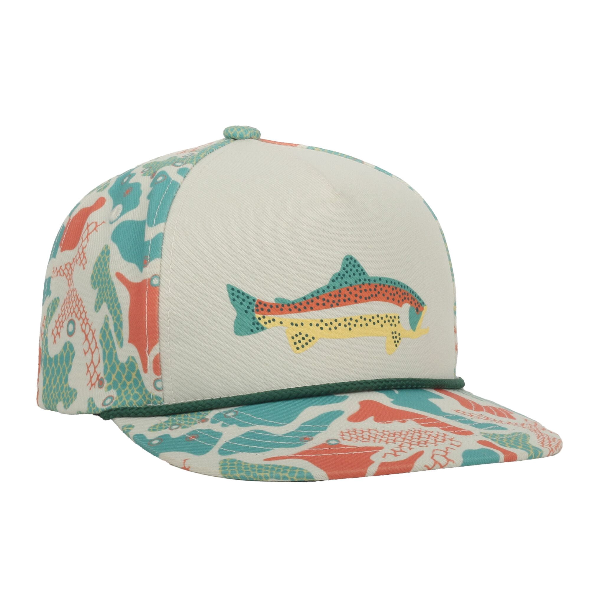 Outdoor Cap Trout Fishing 5-Panel Structured Hat – Flat Visor with Rope, Sublimated Camo Print, Ivory, One Size