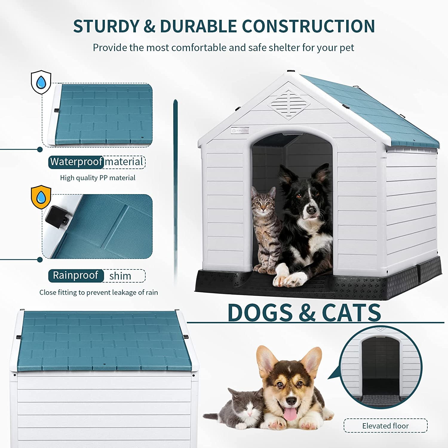 Waleaf Durable Waterproof Plastic Dog House for Small to Large Sized Dogs, Indoor Outdoor Doghouse with Elevated Floor