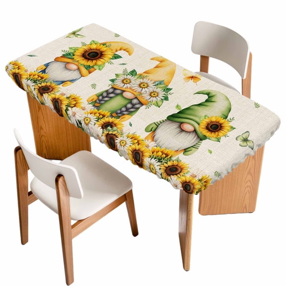 Spring Gnomes Table Cloths for 4 Foot Rectangle Tables, Retro Botanical Flowers Leaves Butterfly Patio Waterproof Elastic Fitted Tablecloths, Washable Rectangular Table Cover for Camping