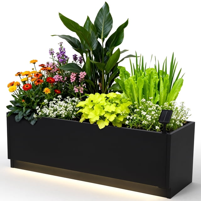 Black Metal Raised Planter Box with LED Light Strips – Controller Included, Easy Snap-On Assembly, Drainage Holes – Outdoor Decorative Flower Bed for Patio, Garden, Herbs, Vegetables