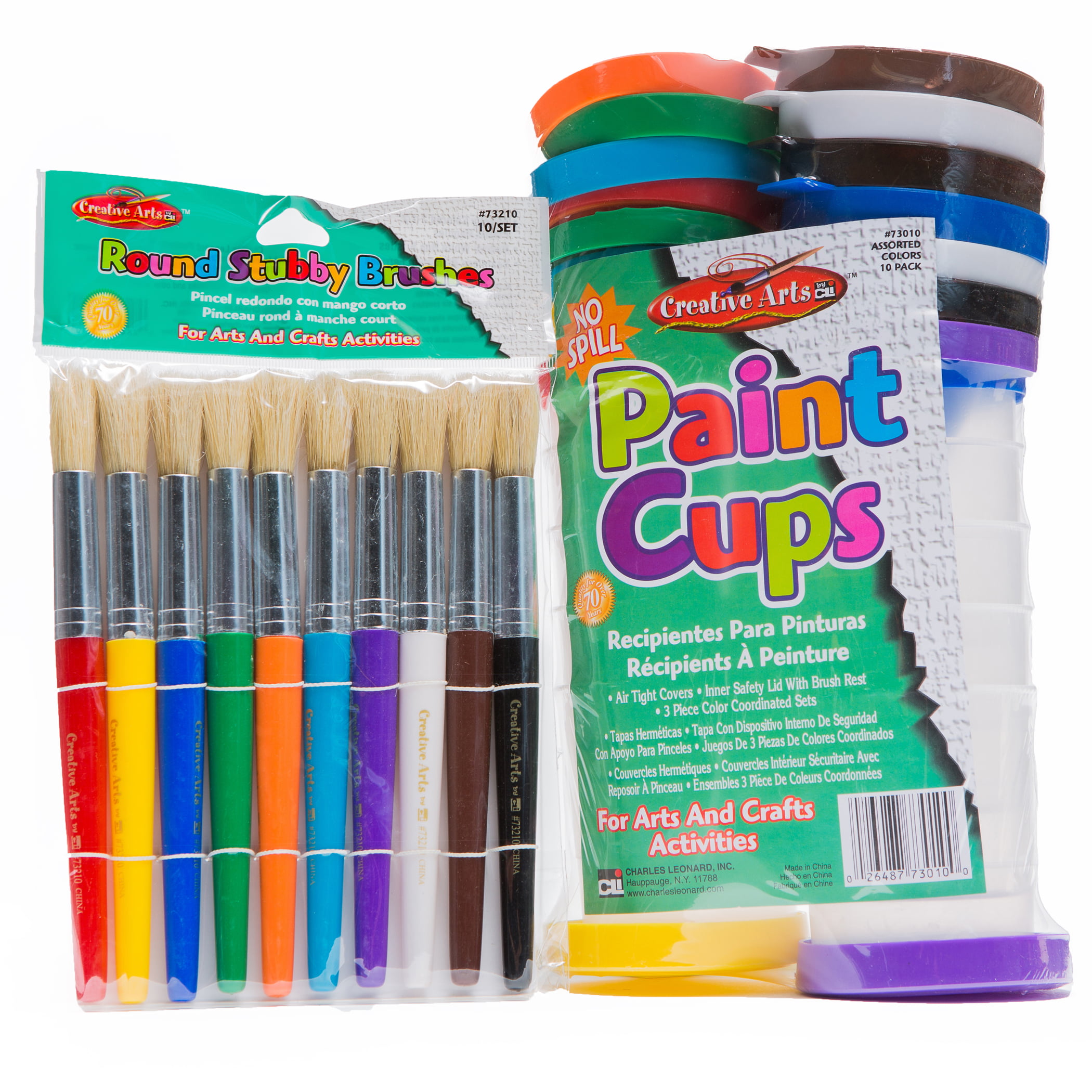 AKORD Pieces Spill Proof Paint Cups in 4 Colors and 10 Pieces Assorted Colored Brushes Set