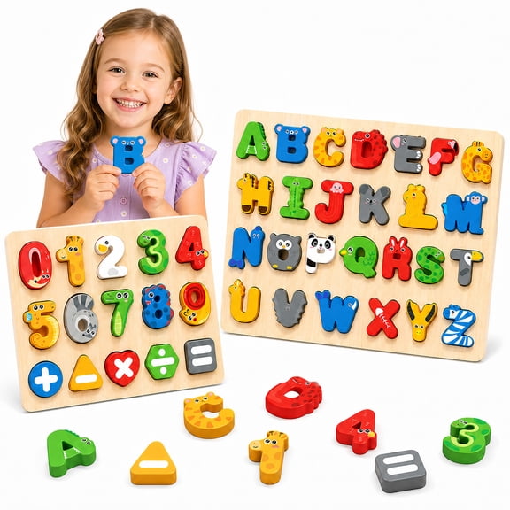 SOMNR Wooden Alphabet and Number Puzzle Boards for Kids Ages 3-6, Color Matching ABC and Early Math Learning Toy, Multicolor