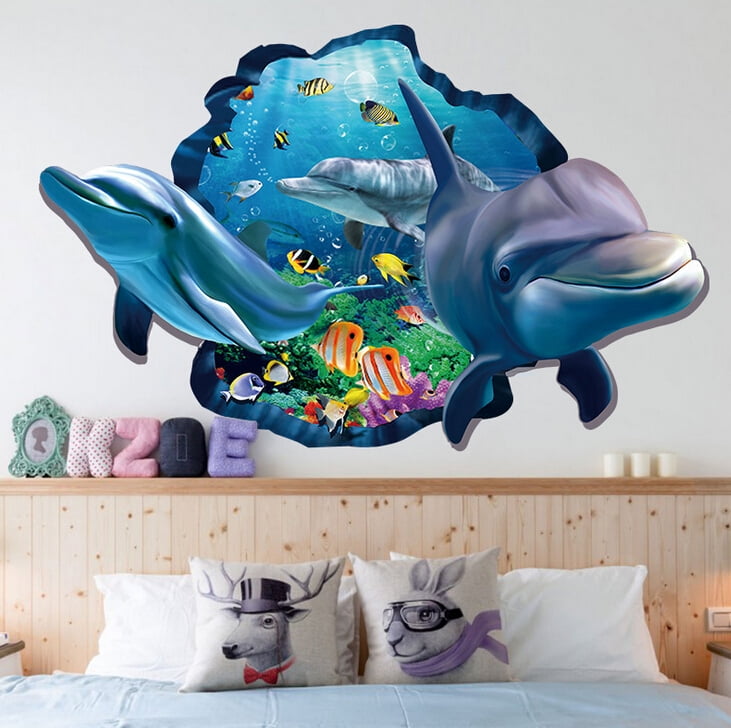 VISgogo Removable Wall Stickers, Blue Dolphin 3D Effect Wallpaper for  Bedroom Home Decoration 