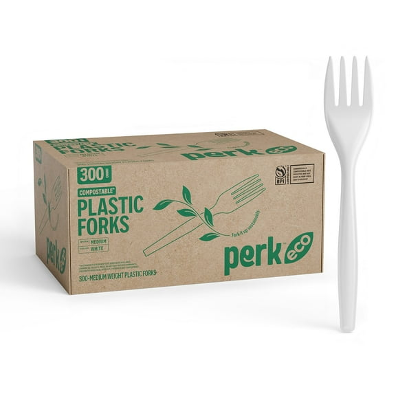 Staples Perk Compostable Plastic Fork Medium-Weight White PK56201