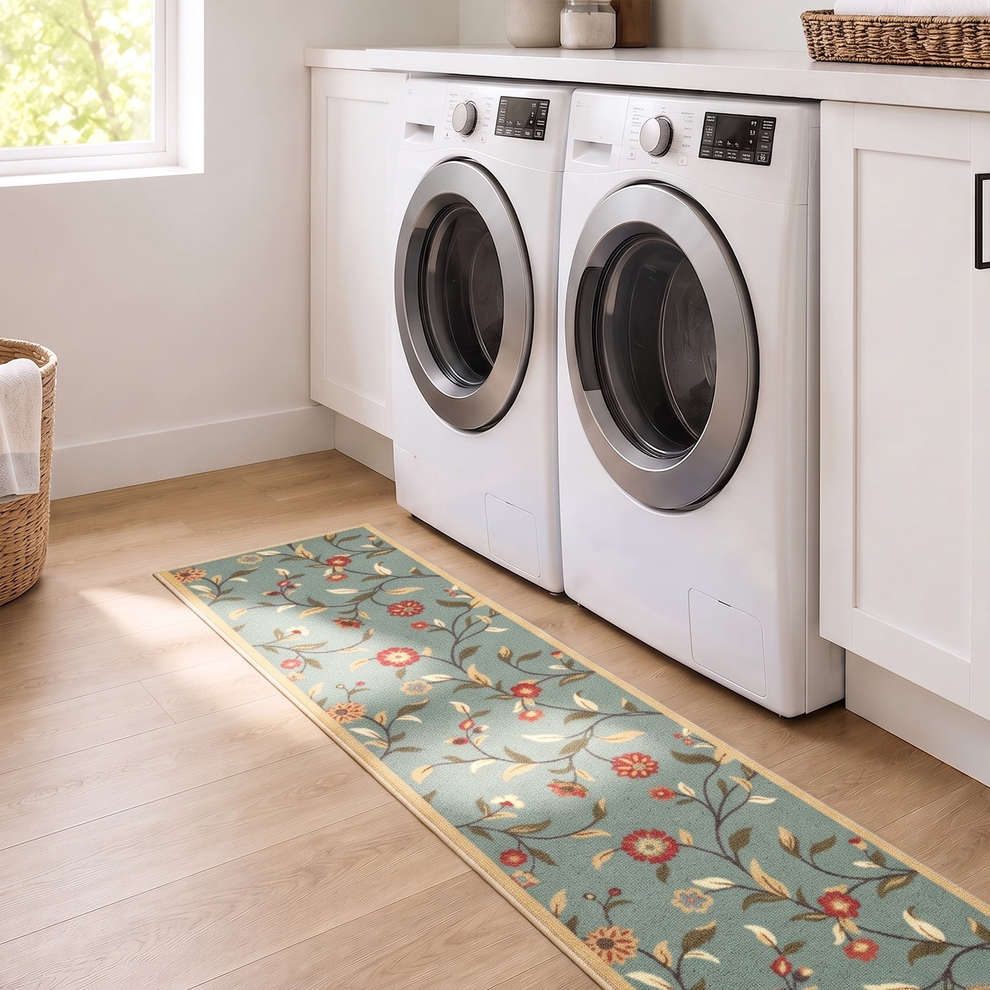 Ottomanson Extra Long Runner Rug 1'10.5" x 47' – Non-Slip Low Pile Hallway Carpet, Floral Seafoam Green