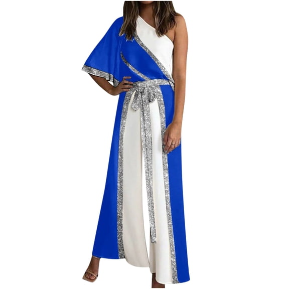 IROINNID Short Sleeve Jumpsuit For Women Full-Length Fashion Casual block Skew Collar Straps Wide Leg Trousers Jumpsuit