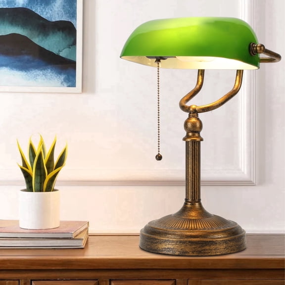 NISSAFORS Bankers Desk Lamp, Green Glass Shade, Vintage Desk Lamp with Pull Chain Switch, Retro Table Lamps for Home Office (Retro Gold Green,)