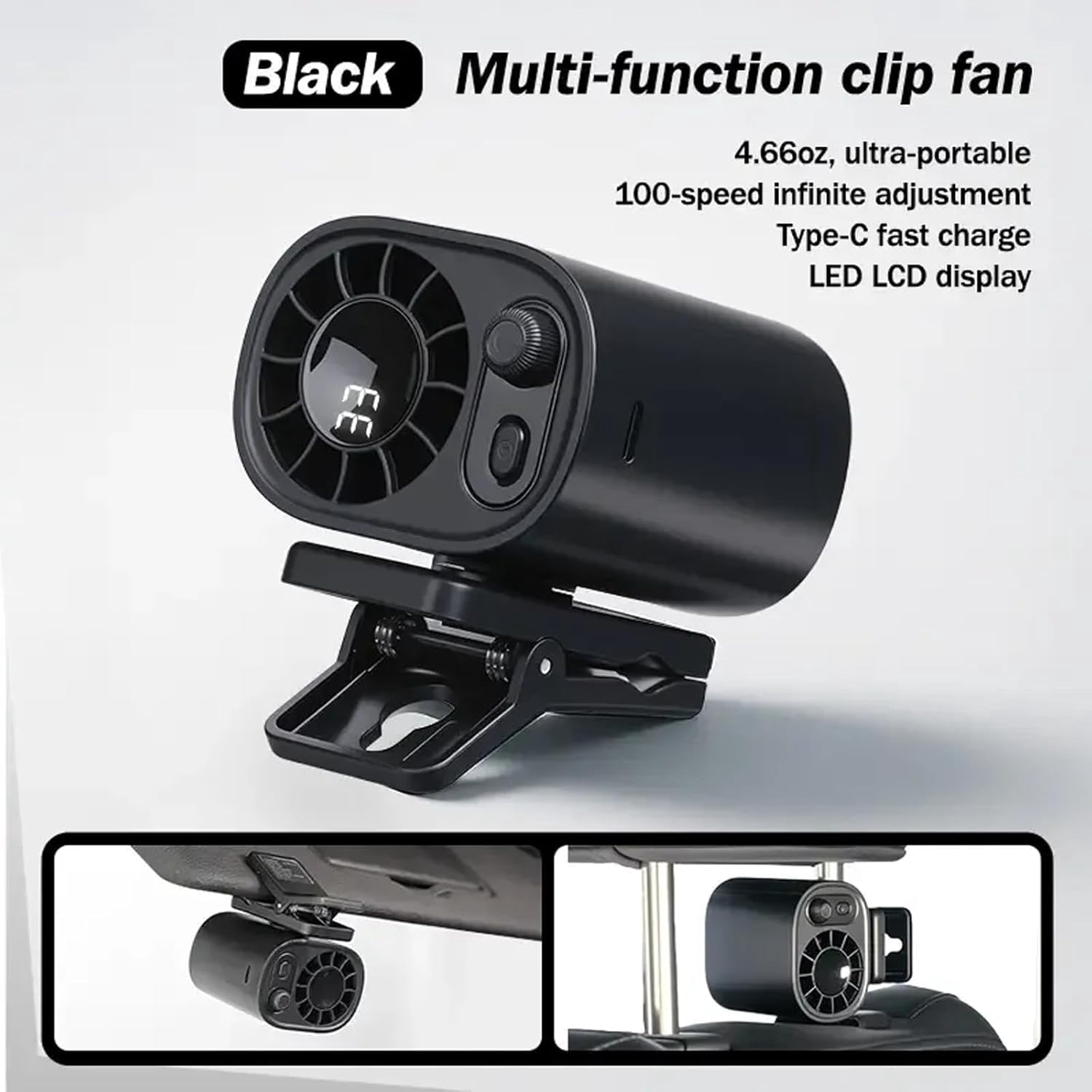 Car Clip on Fan with LED Display, Backseat Fan, USB Rechargeable Powerful Cooling Fans, 360° Rotation, 100 Speeds Adjustable, USB Rechargeable, 2025 New Clip on Fans for Car