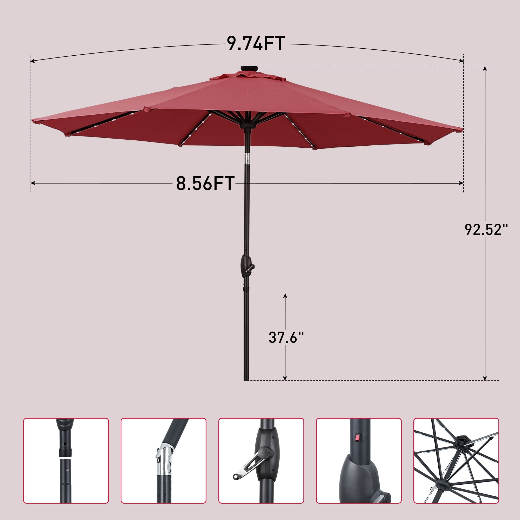 Ainfox 10ft Patio Umbrella with lights, Outdoor Table Sun Shade Umbrellas with Push Button Tilt/Crank, 8 ribs,Wine Red