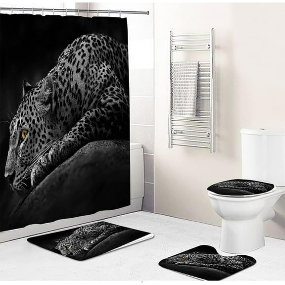 4 Pcs African Lion King Shower Curtain Set with Non-Slip Rugs Toilet Lid Cover and Bath Mat Wildlife Lion Black Waterproof Animal Couple Shower Curtain Bathroom Decor with 12Hooks