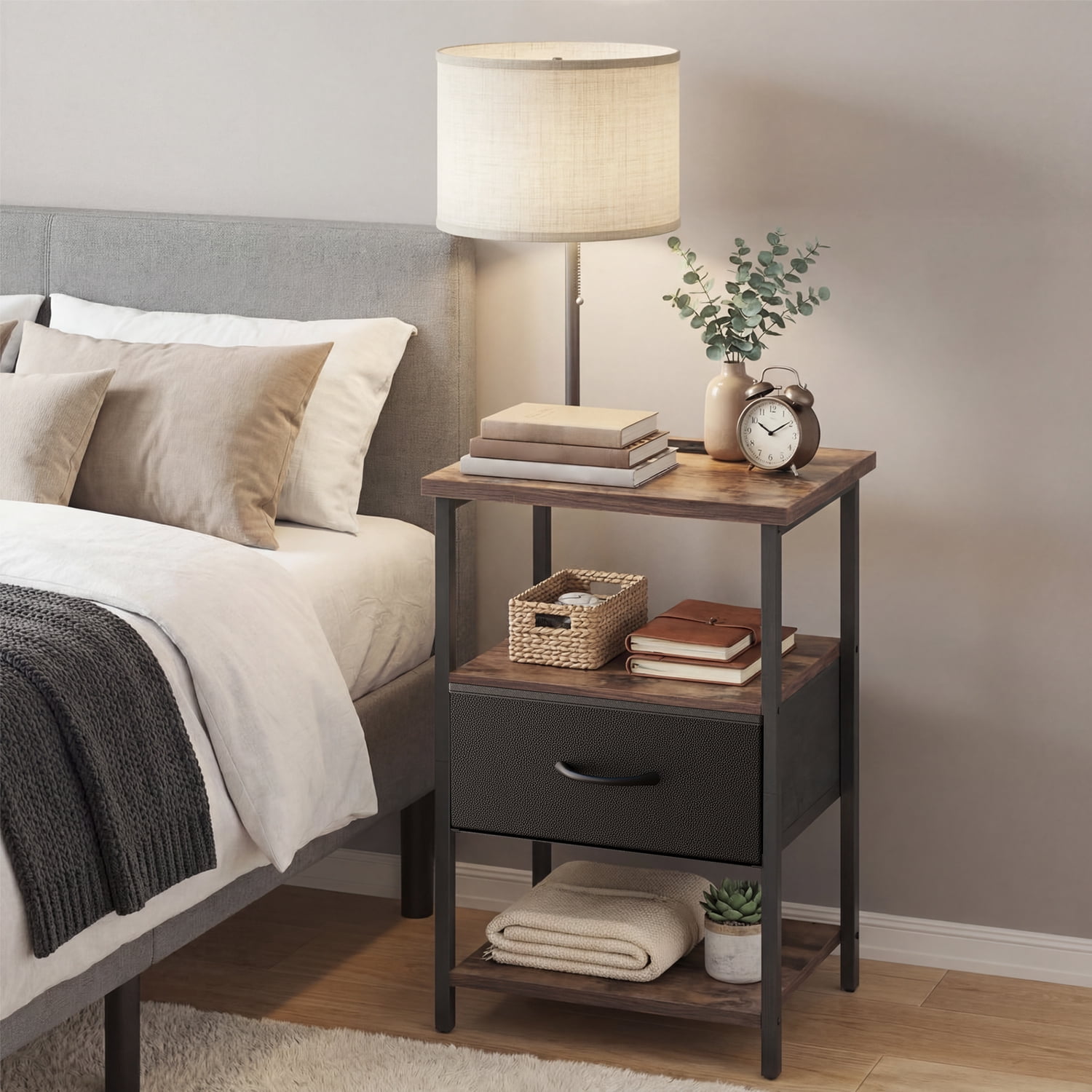 TOMNK Floor Lamp with Table, End Table for Living Room with Lamp, Shelves Side Table with Charging Station(USB & AC Port), 3 Color Temperature LED Bulb, Modern Nightstand Lamp for Bedroom, Office
