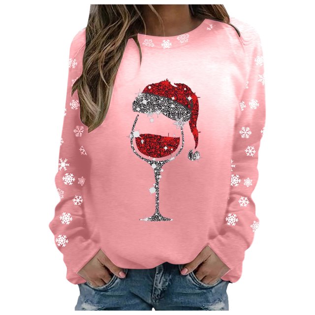 VJATTWR Mes Articles Chandail de Noël Femmes Dames Hiver Décontracté et Confortable Vacances Verre Rouge à la Mode Flocon de Neige Imprimé de Noël Col Rond Manches Longues Chandail à Capuche Haut Livraison Rapide