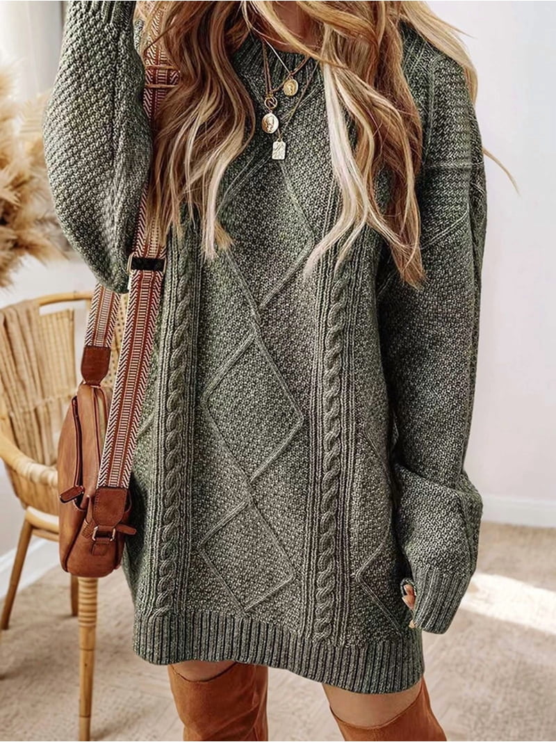 green sweater dress walmart Women'S Cable Knit Casual Long Sleeve Loose Crew Neck Pullover Mini Sweater  Dress Fall Winter Outfits Khaki M
