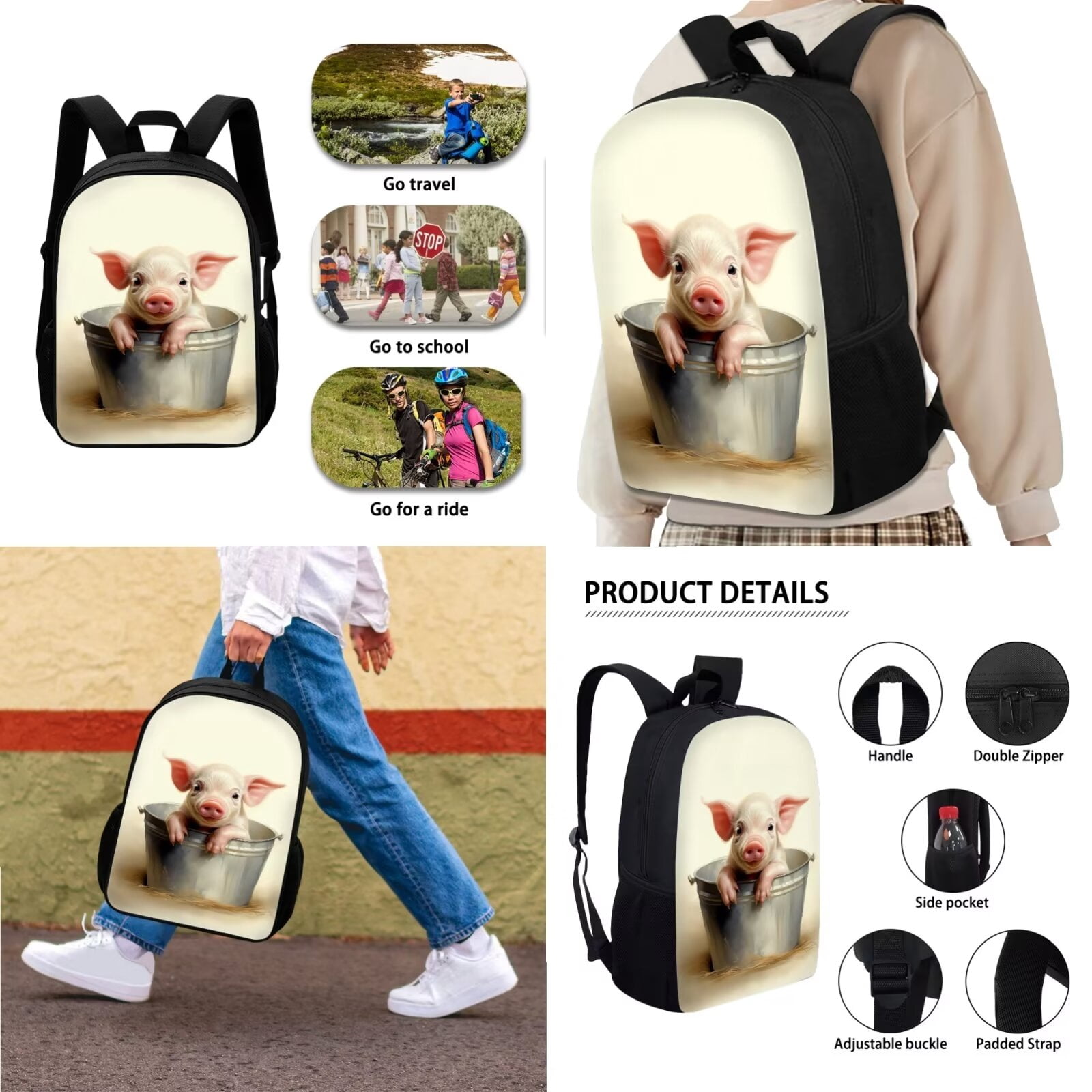 XYZCANDO Retro Cute Pig Print School Book Bag for StudenT 3 Pack Backpack with Lunch Bag and Pencil Box for Women Men Hiking 17-inch Travel Laptop Bag Daypack Rucksack for Camping