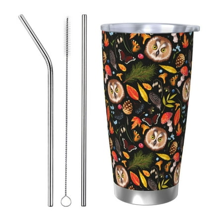 

Uemuo Owl And Leaves Print Travel Coffee Mug 20oz Double-walled Car Cup Stainless Steel Insulated Tumbler Leak-proof Travel Cup Reusable Straw Car Cup-Straw Three-piece Set