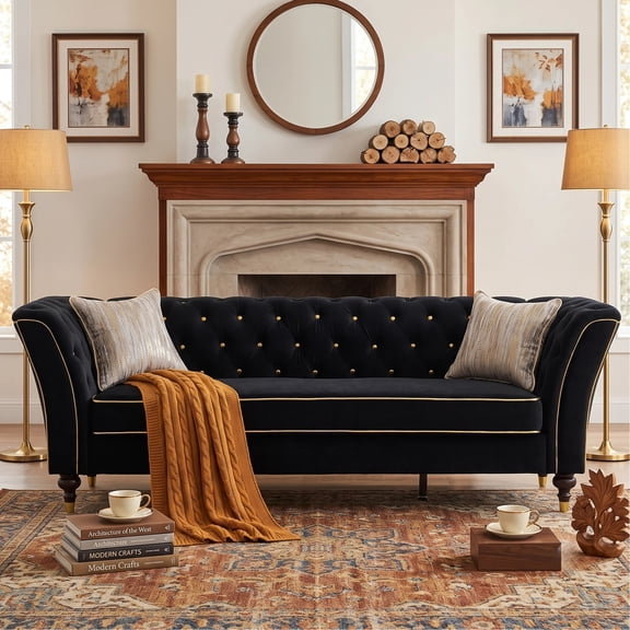 Arouseden 89.5" Black Modern Tufted 3 Seater Sofa,Chesterfield Velvet Sofa,Luxury Couches for Living Room