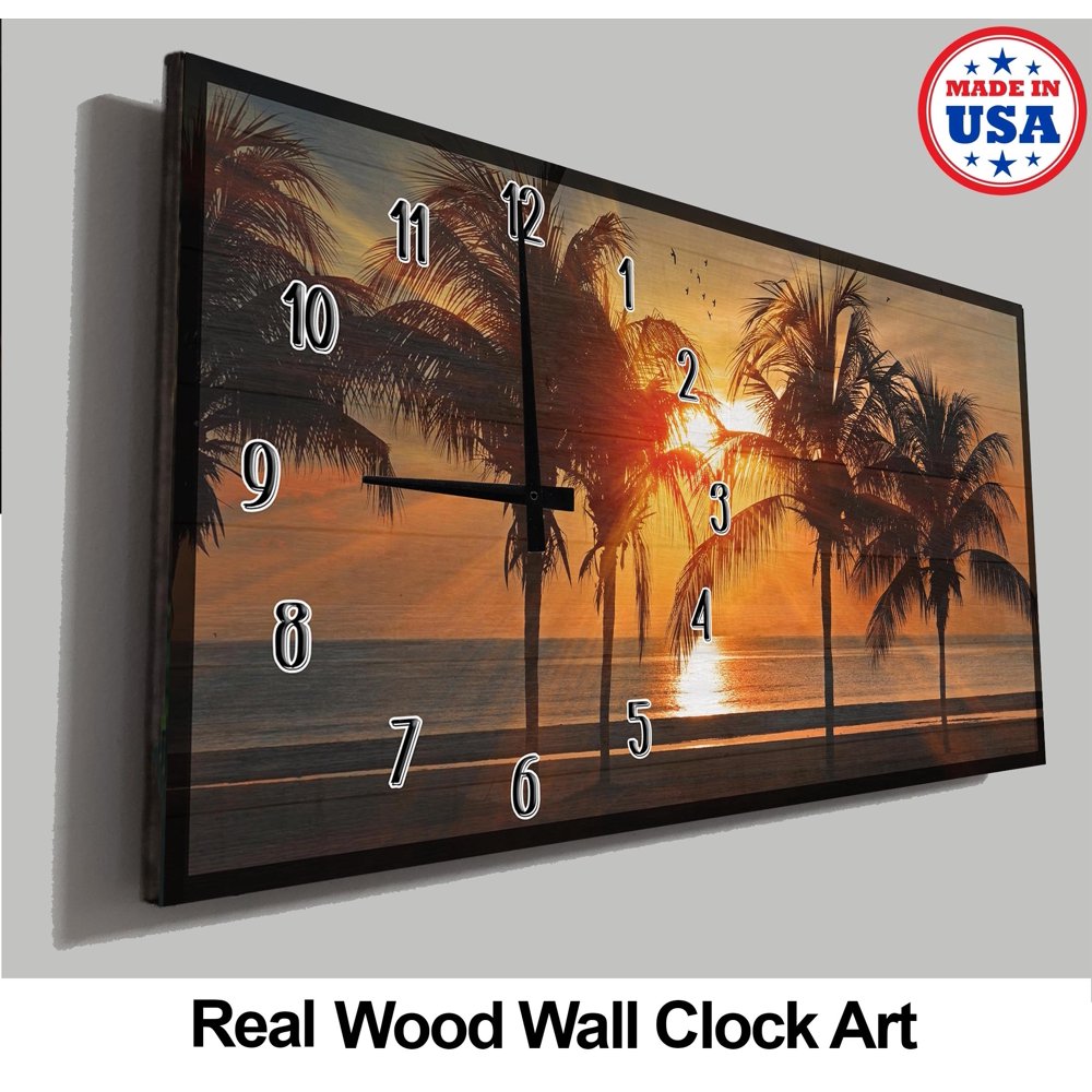 Beach Wall Clock Beautiful Ocean Palm Tree Sunset Wood Wall Clock Decor