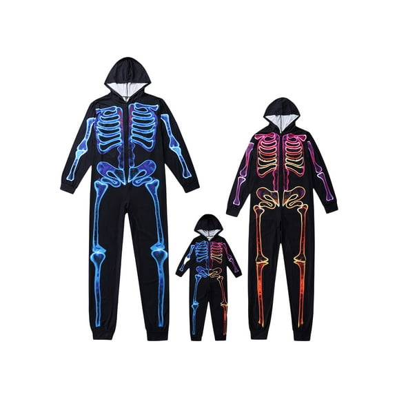 Michellecmm Parent-Child Halloween Jumpsuit Long Sleeve Zipper 3D Skull Printed One-piece Loungewear Long Playsuit for Party