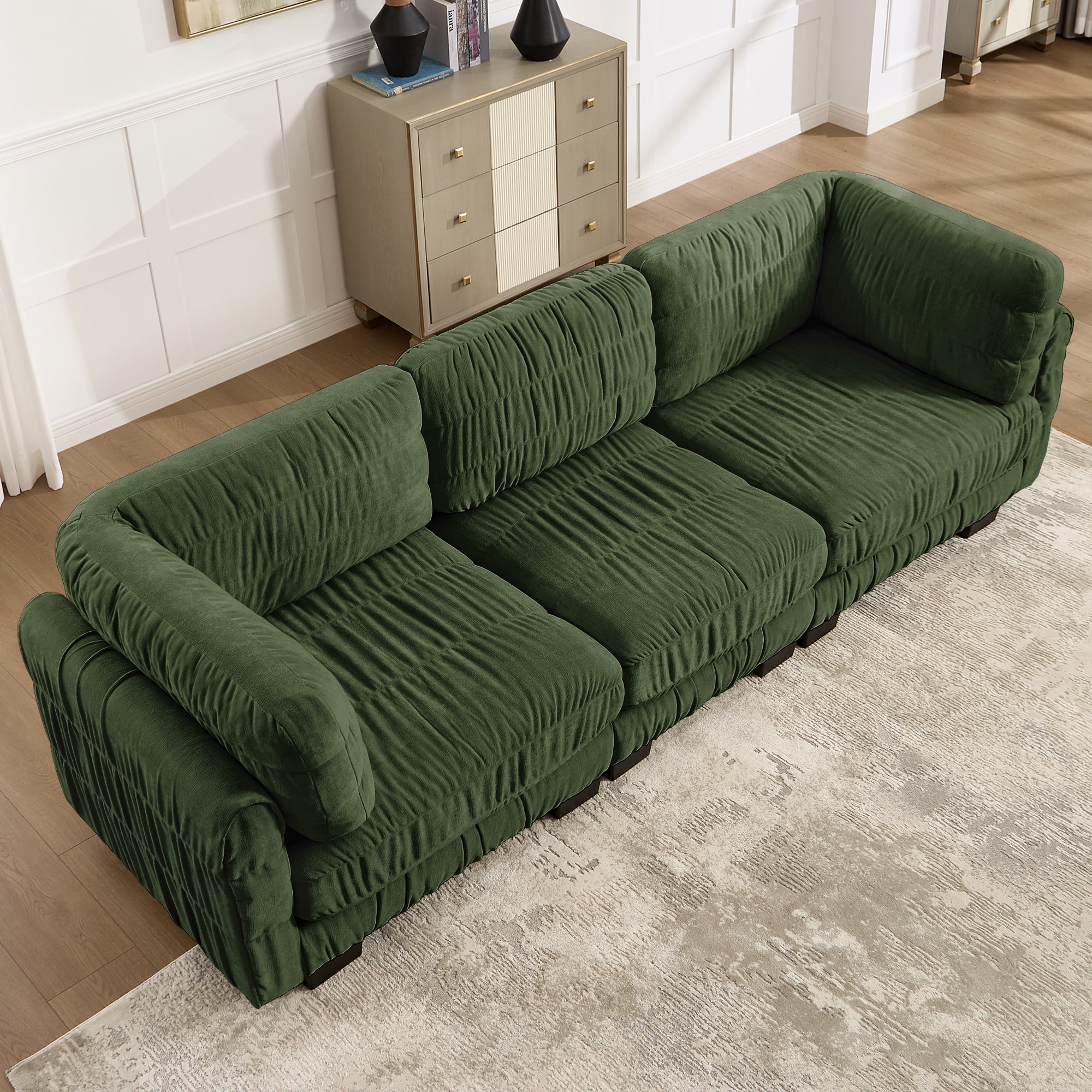 109" 3 Seat Ruched Chenille Modular Sectional Sofa with L Shape Thickened Back Cushions,Easy Assembly
