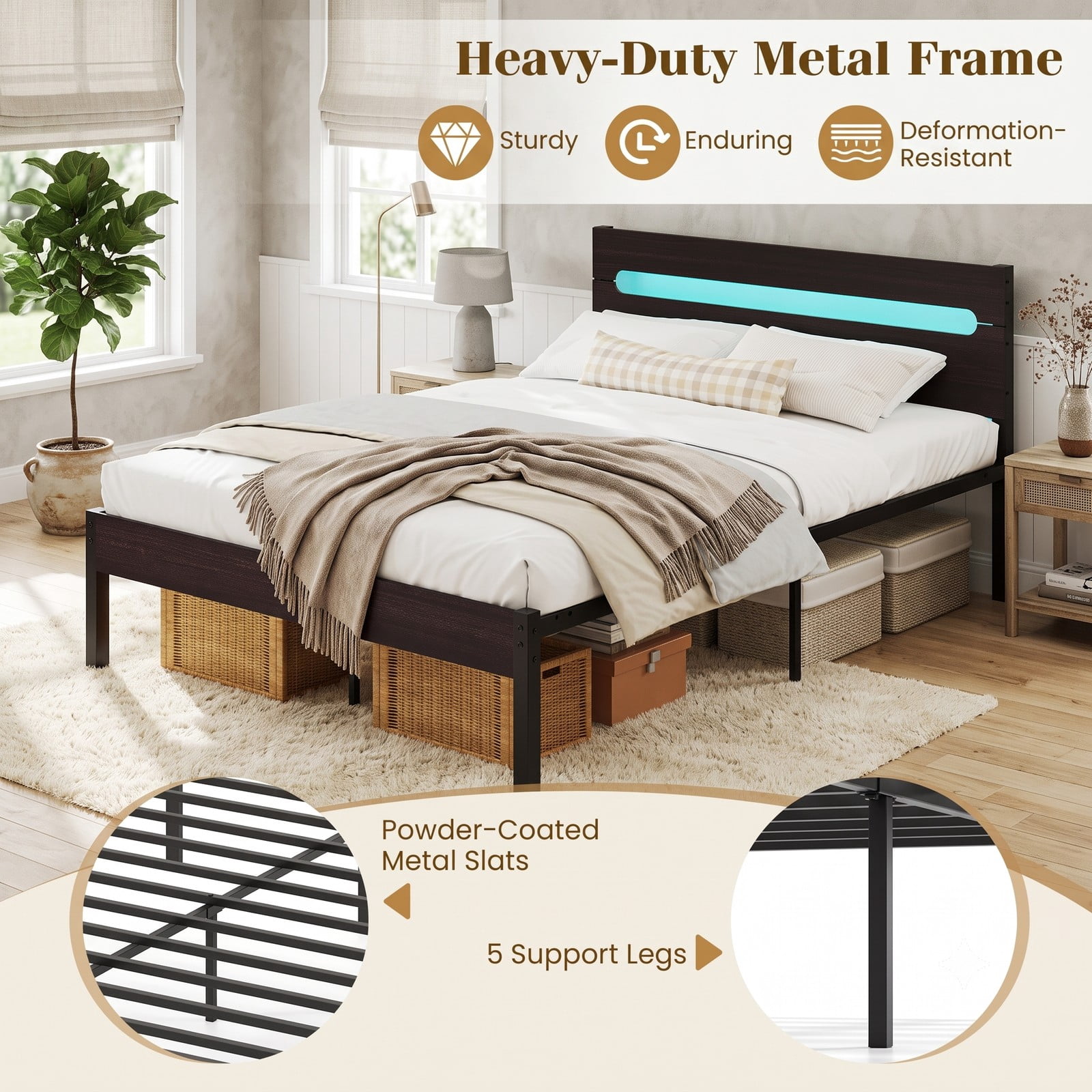 Furnibear Full Size Bed Frame Metal Platform Bed with 16 Color LED Lights Wood Grain Headboard and USB Charging Station, Dark Walnut
