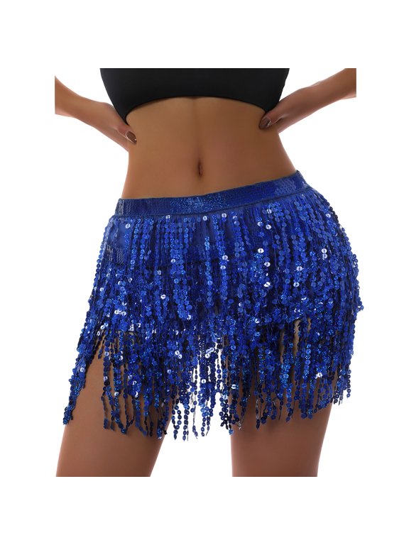 Women Boho Sequin Tassel Skirt Fringe Belly Skirt Rave Party Dance Miniskirt