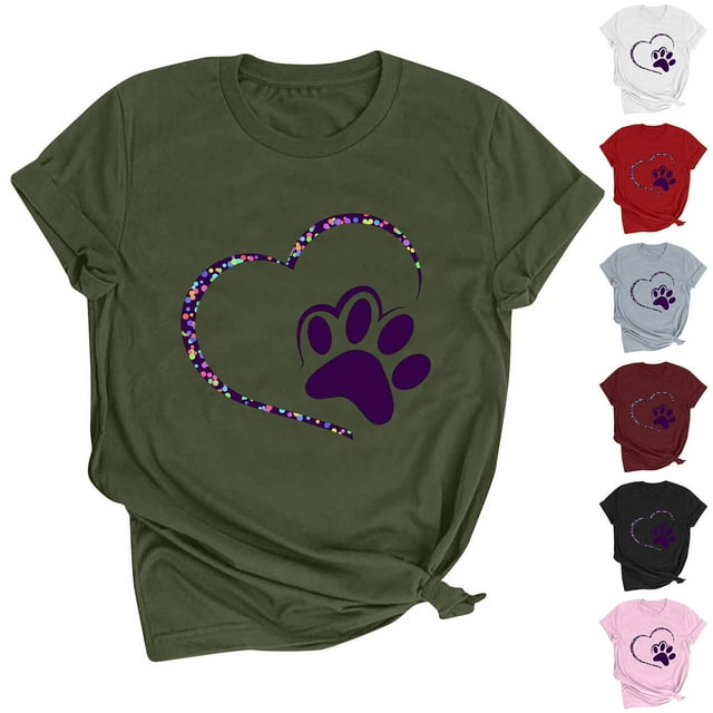 QIPOPIQ T-Shirt Amour des Pattes T-Shirts Amatrice de Chiens pour Femmes T-Shirt Empreinte de Patte Cœur T-Shirt Mignon Maman de Chien T-Shirt à Manches Courtes Hauts Liquidation