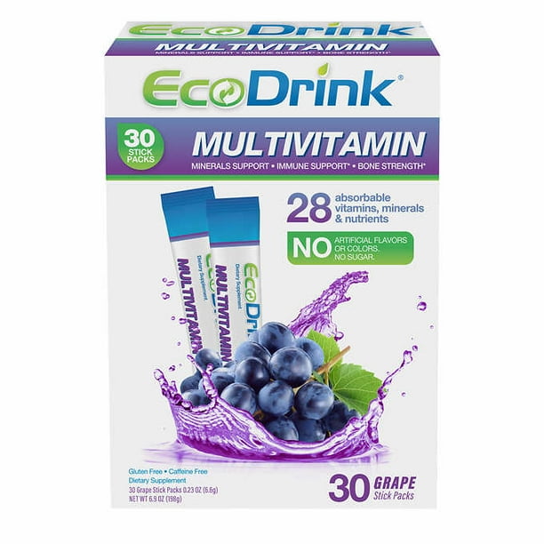 EcoDrink Complete Multivitamin Drink Mix, 30 Packets (Grape Flavor