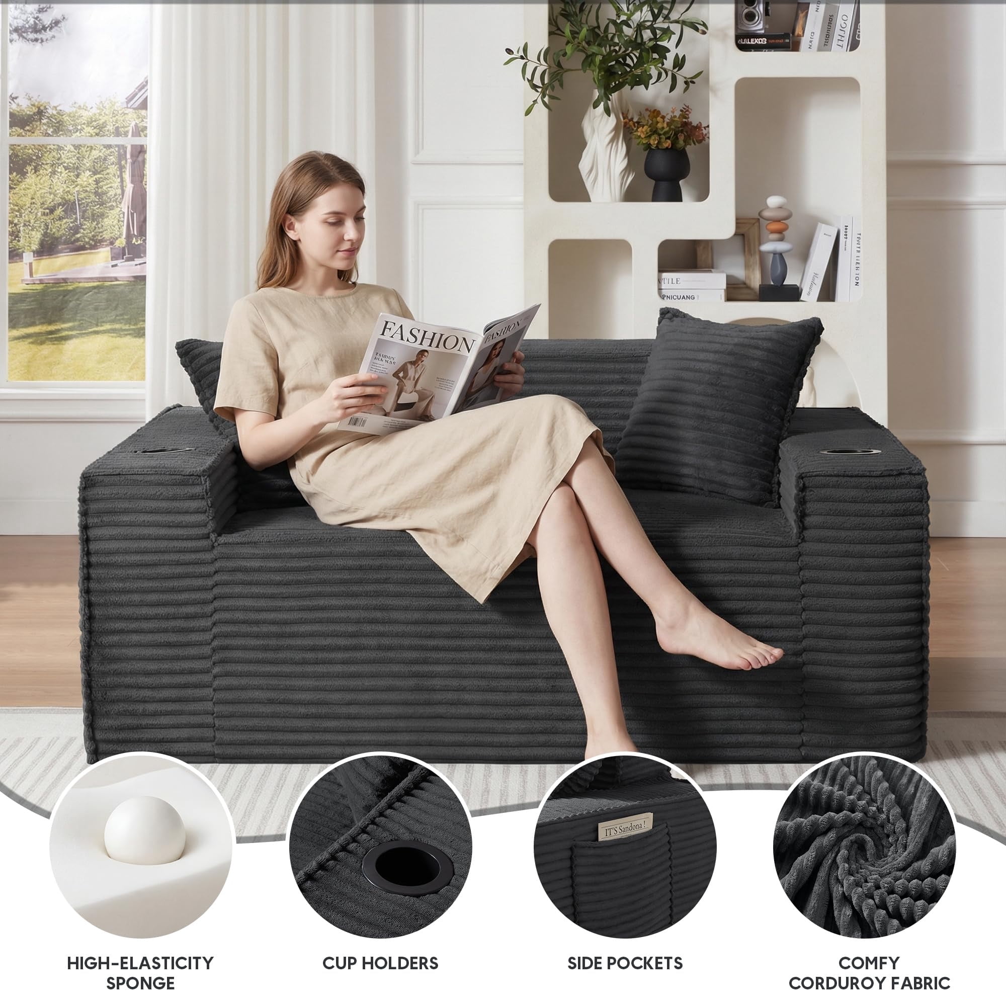 Aukfa 3 Piece Boneless Couch Set, Small Loveseat Cloud Sofa for Living Room, 2 Cup Holders&Storage Pockets, Corduroy, Gray