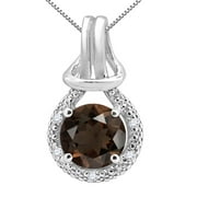 Mauli Jewels Engagement Necklace for Women 2.25 Carat Round Shaped Smokey Quartz and Diamond Pendant 4-prong 10K White Gold|Silver Chain