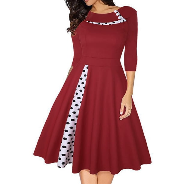 Gibobby Vestidos de sueter Vestido de mujer de otoño/invierno con parche de lunares, cuello de estilo retro, manga media, cuello redondo(Rojo,M)