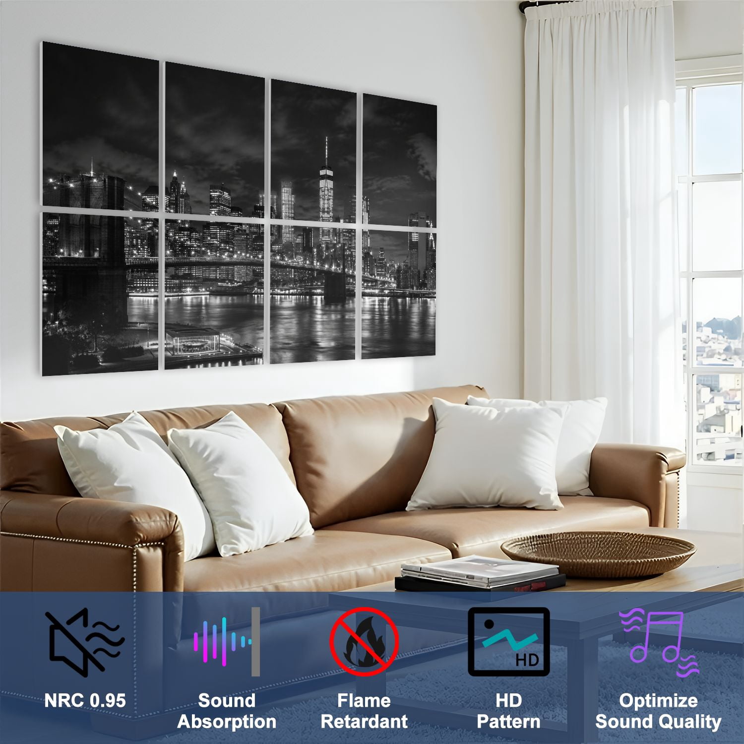 8 Pack Art Acoustic Panels Sound Absorbing Brooklyn Bridge skyline night Decorative Soundproof Wall Panels Self Adhesive for Nursery Game Room Bedroom 48"x32"