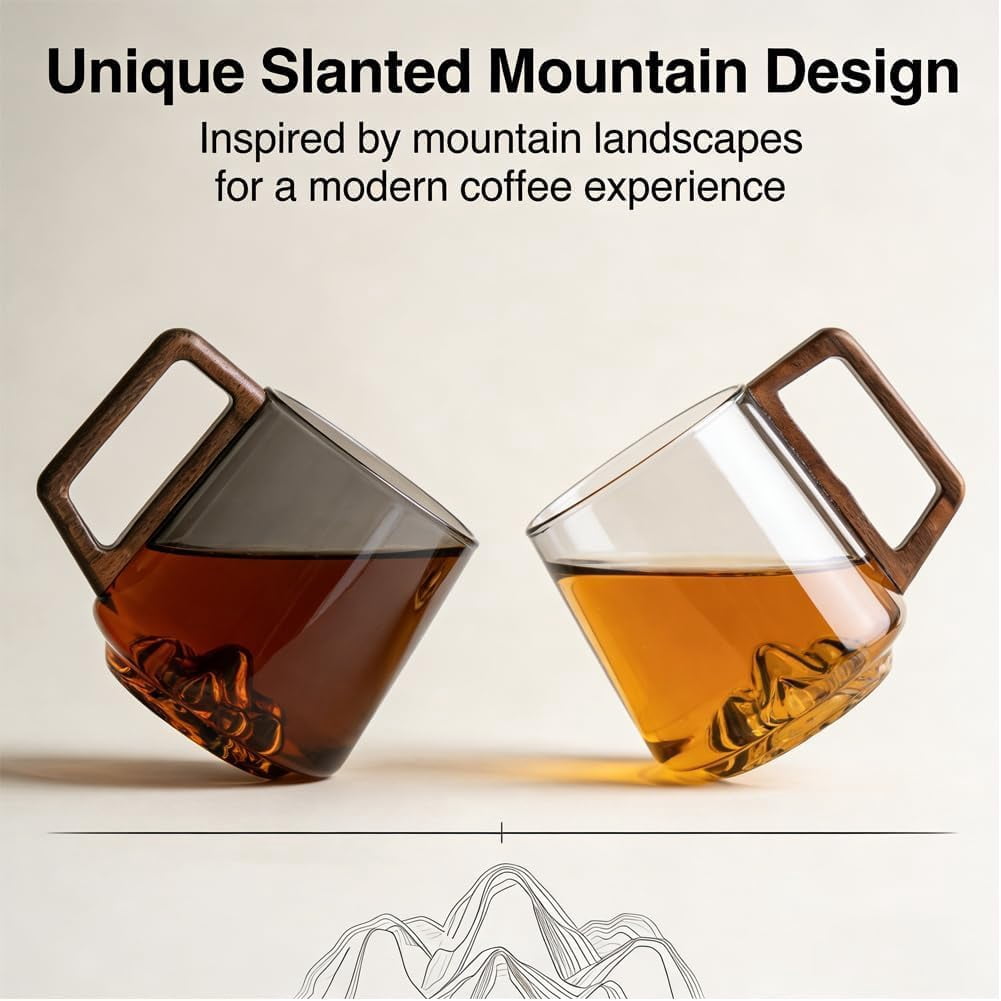 Smokey Gray Glass Slanted Coffee Cups with Wooden Handle, Mountain Base Artistic Mug, Borosilicate Heat Resistant Drinkware for Latte Espresso Tea, Elegant Conical Design (Transparent, 2)