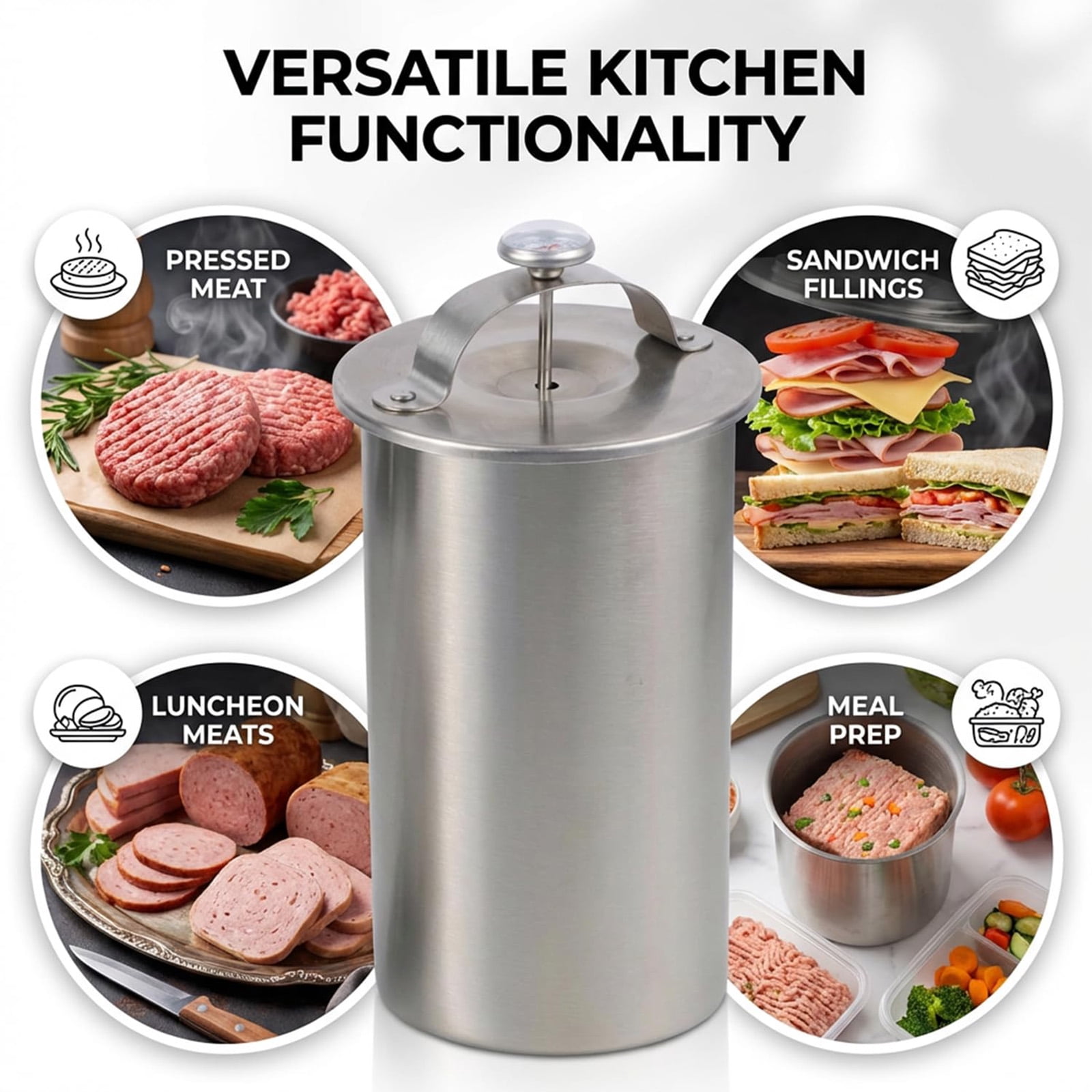 304 Stainless Steel Meat Press Cooker with Thermometer, Homemade Ham Maker for Kitchen Cooking, Bacon Pressure Cooker, 3.9x6.5in Meat Poultry Tenderizer, Stove Compatible