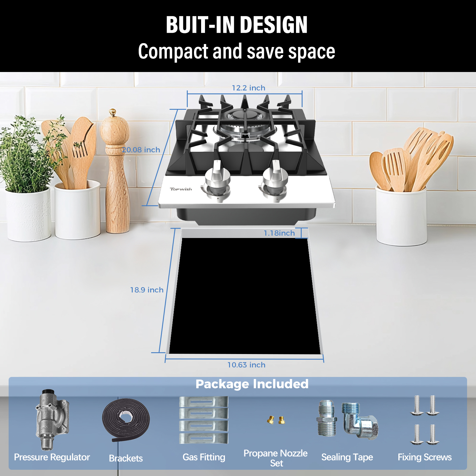 TOPWISH 12" Built-In Gas Cooktop, 2 Burners, 18,000 BTU, NG/LP Convertible, 304 Stainless Steel, Thermocouple Protection