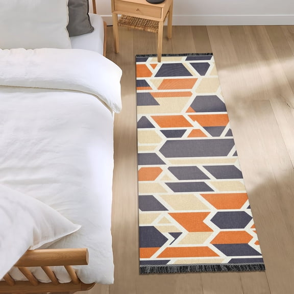 Geometric Patterns in Navy Blue and Orange Bedroom Runner Rug 2'x 6' Non Slip Carpet Indoor Home Area Rug Living Room