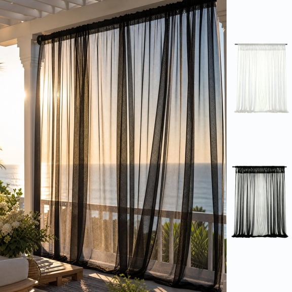 Extra Wide Outdoor Curtains Waterproof Black Voile Mesh Screen - Lightweight Privacy Bug Netting for Patio, Porch, Balcony, Pergola, Terrace, 78.74x95.27in